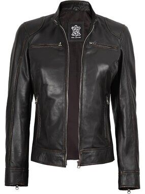 Women’s Brown Genuine Lambskin Leather Cafe Racer Motorcycle Jacket